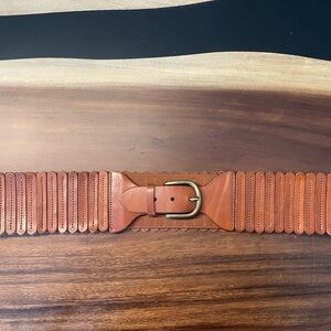 Anthropologie Tan Leather Scalloped Wide Belt with Brass Buckle